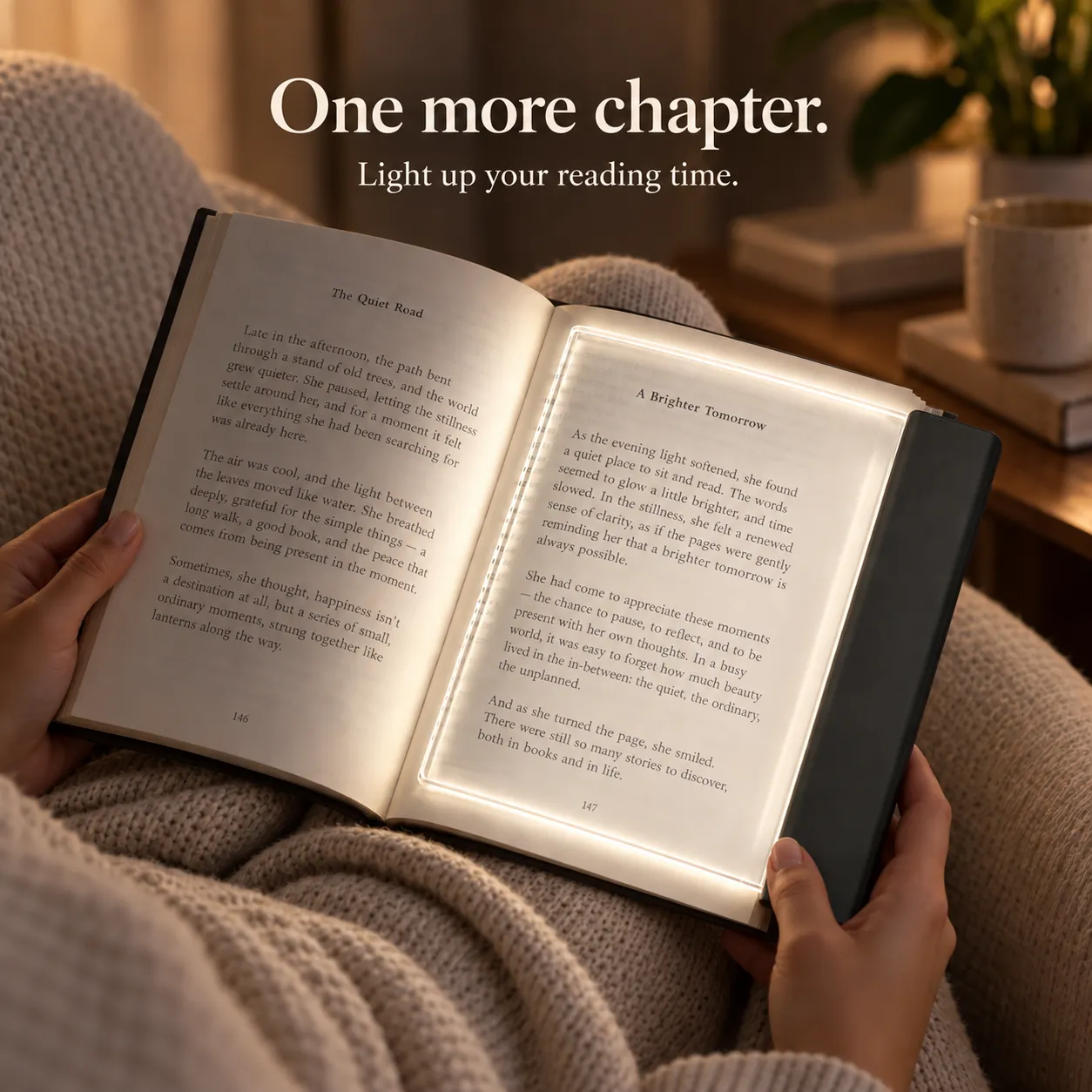 Reading in an armchair with the flat panel light on the page