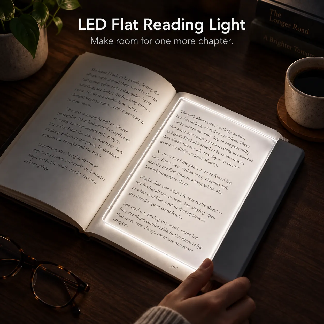 LED flat reading light illuminating a book page in a dark room