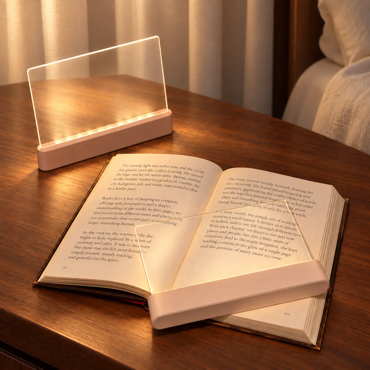 White reading light on a bedside table beside an open book