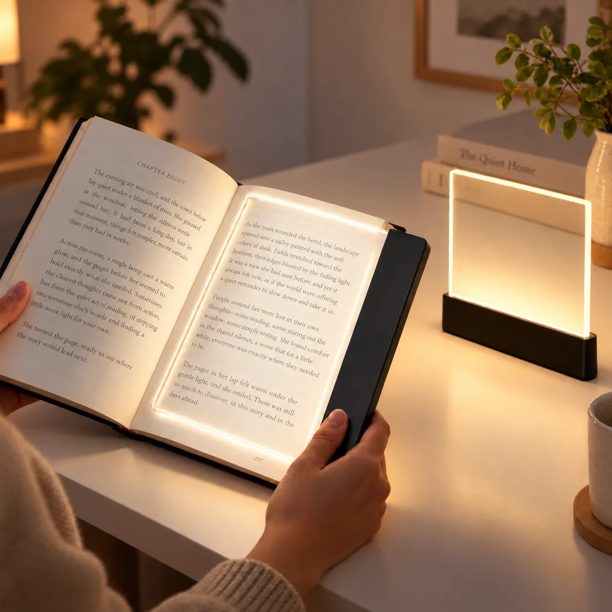 Reading at a desk with the flat panel light