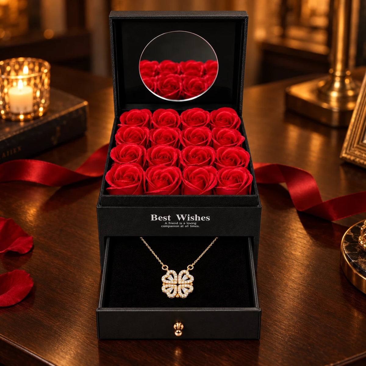 Eternal Hearts · Gold / Midnight Mirror · 16 Roses