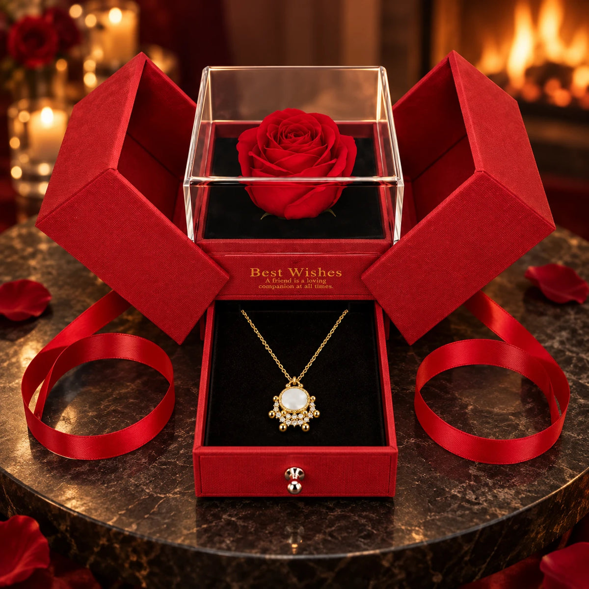 Moonlight Pearl · Gold / Ruby Ribbon · Red