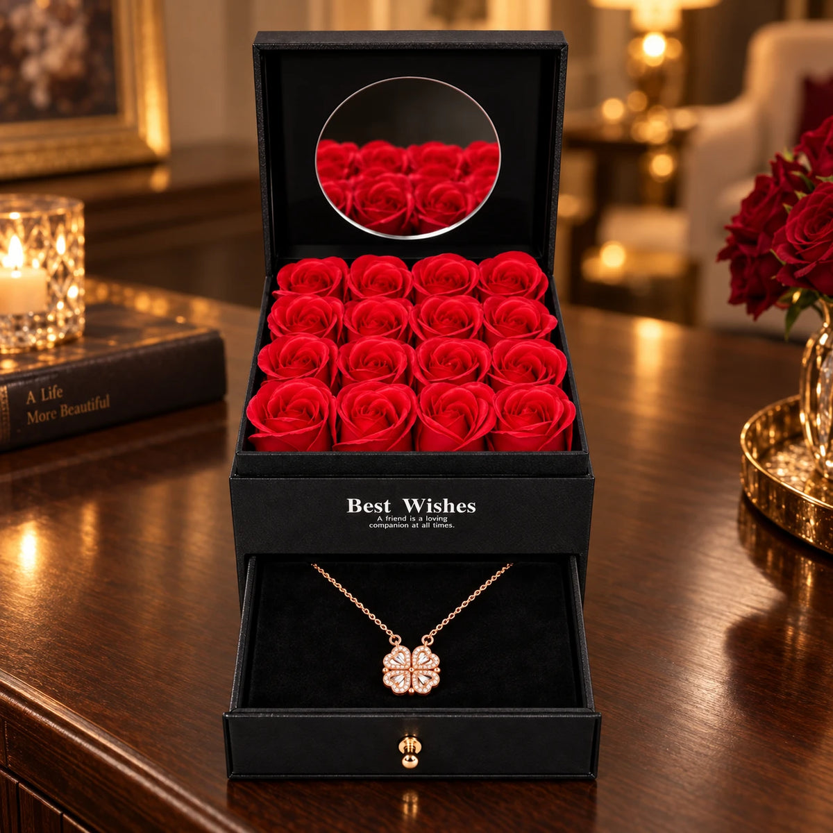Eternal Hearts · Rose Gold / Midnight Mirror · 16 Roses
