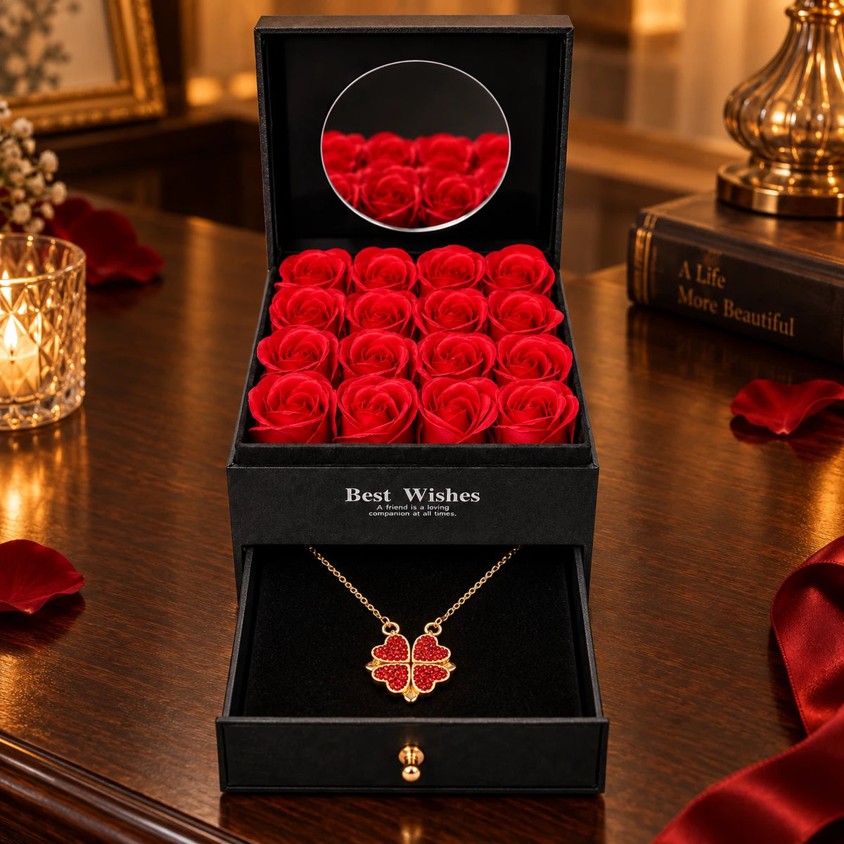 Ruby Hearts · Gold / Midnight Mirror · 16 Roses